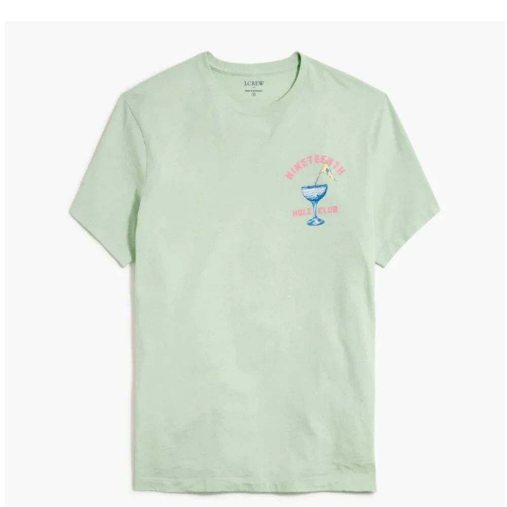 J. Crew bw506 Green Nineteenth Hole Club Graphic Tee For Men NWOT Repaired Lg.